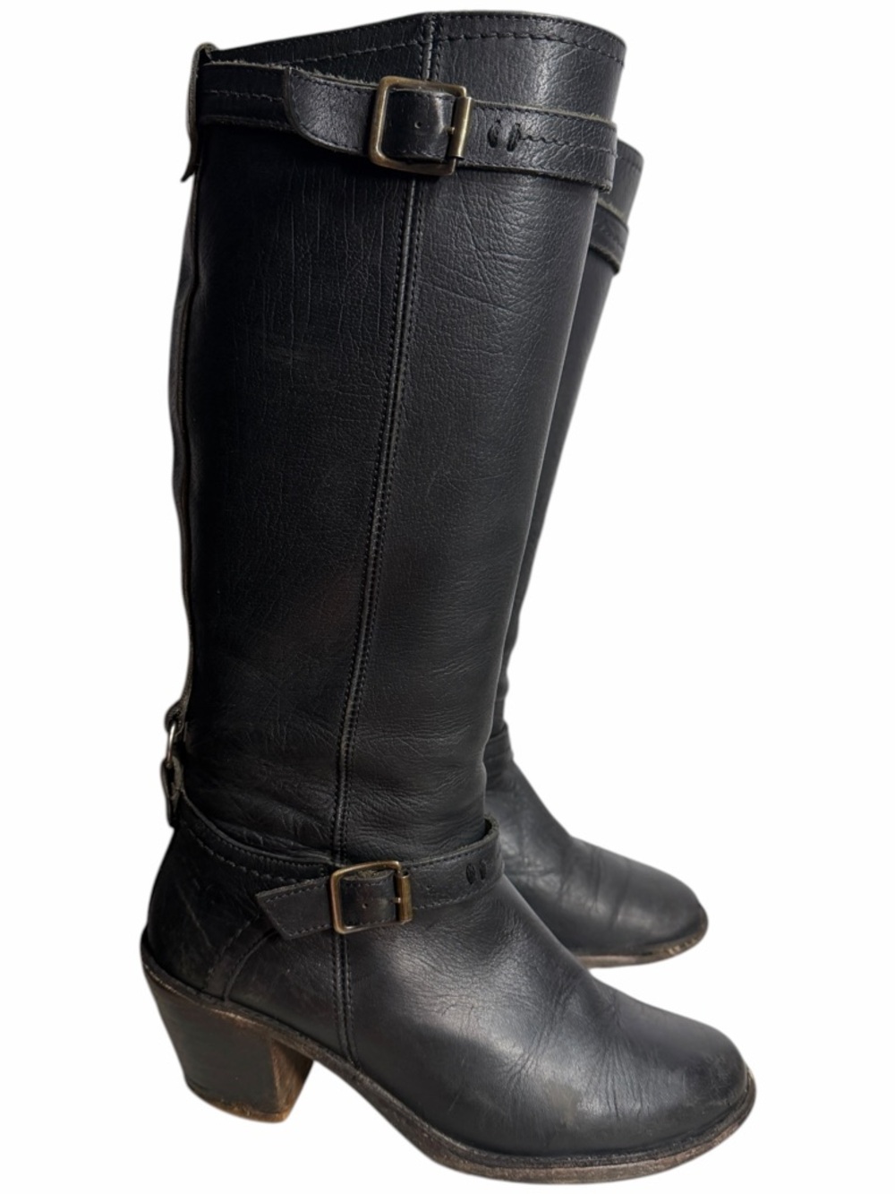 Frye Women’s Black Leather Knee-High Buckle Heeled Boots - Size 8